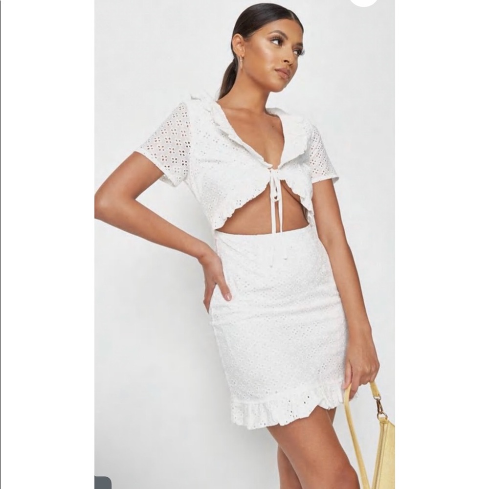 Frill neck cut out broderie mini dress